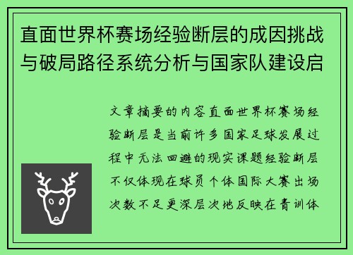 直面世界杯赛场经验断层的成因挑战与破局路径系统分析与国家队建设启示 直面世界杯赛场经验断层的成因挑战与破局路径系统分析与国家队建设启示
